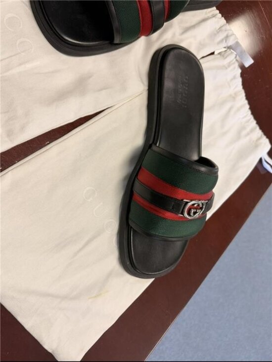Gucci Men’s Size 11 Web Slide Sandals Black Leather GG Logo Green Red Stripe main image 6